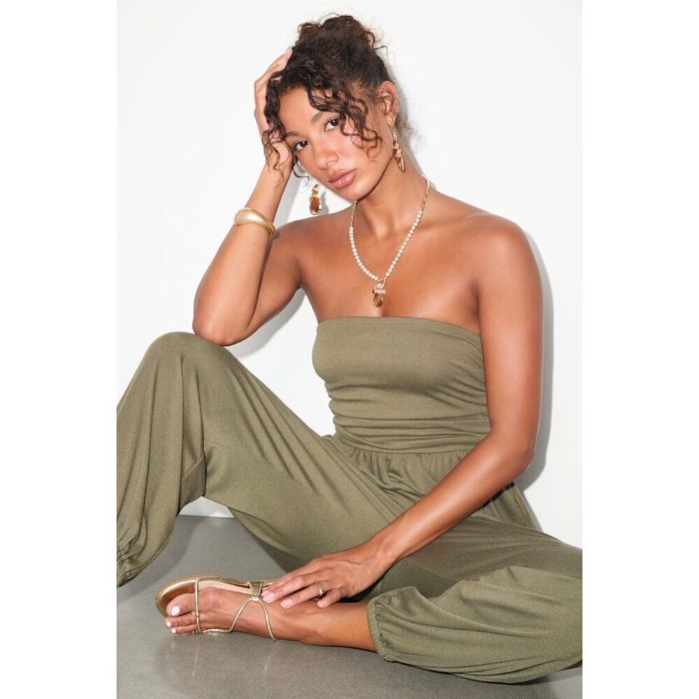 Lulus Olive Green Ruched Strapless Jogger Jumpsuit